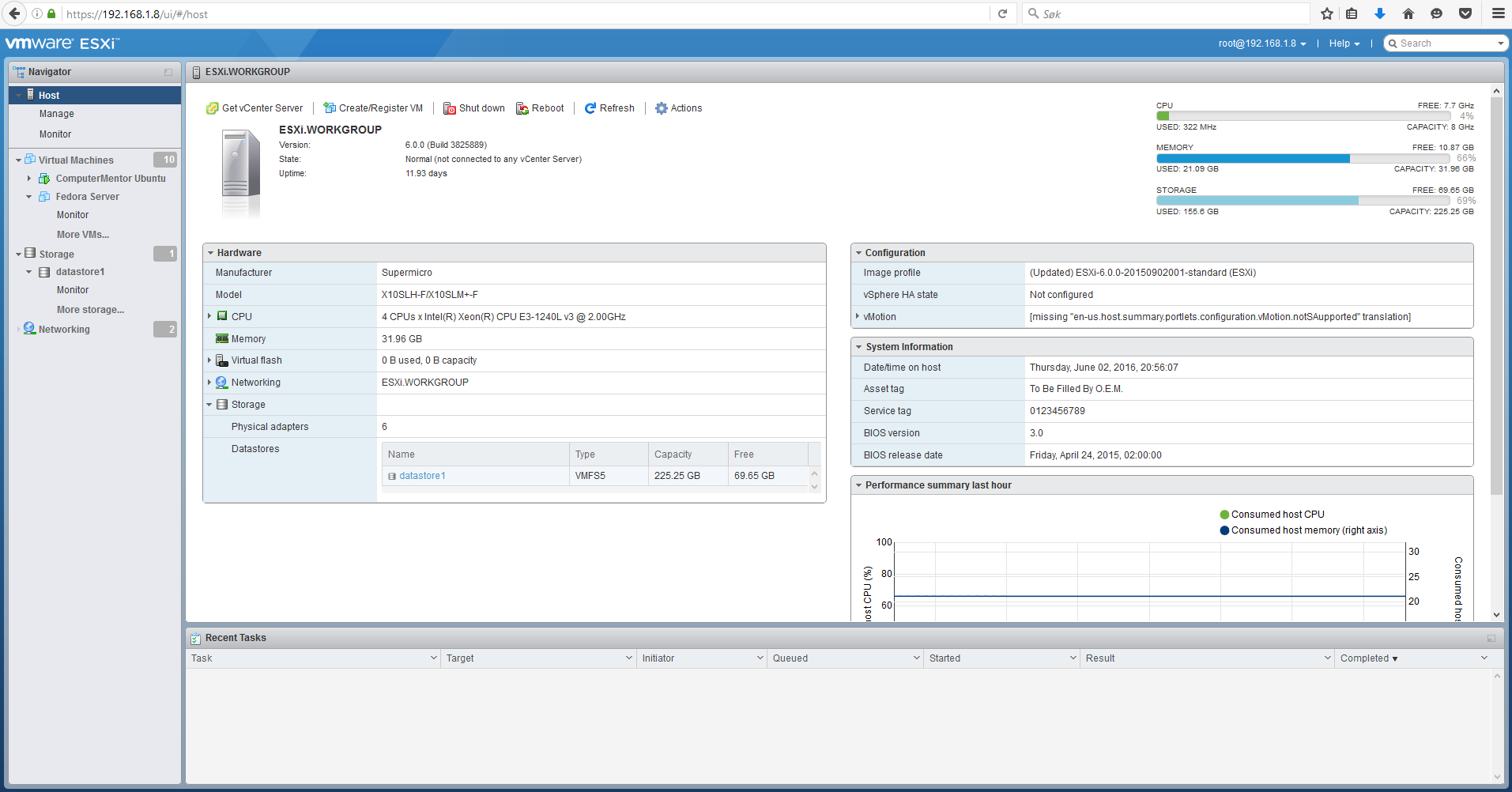 Screen of the ESXi web browser